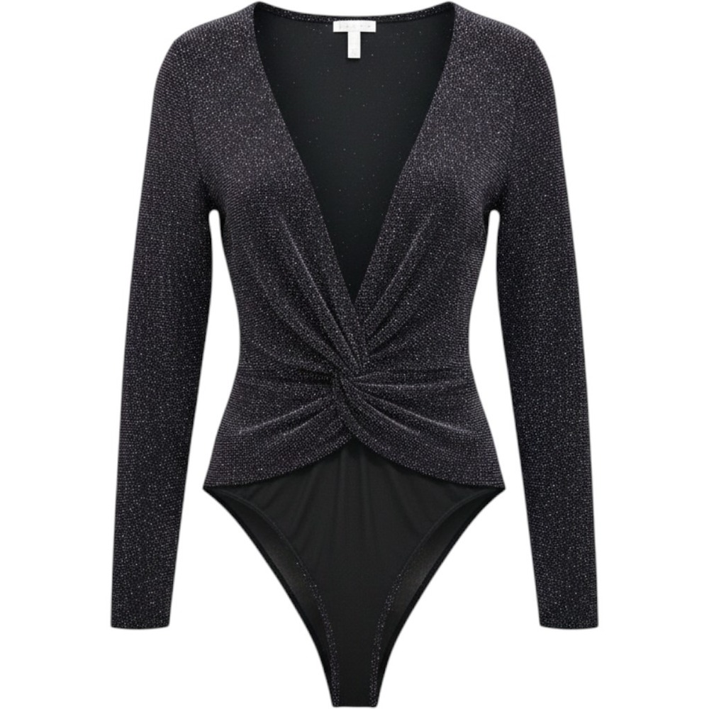 Leith Black Multi Glitter Deep V-Neck Twist Front Long Sleeve Bodysuit S New